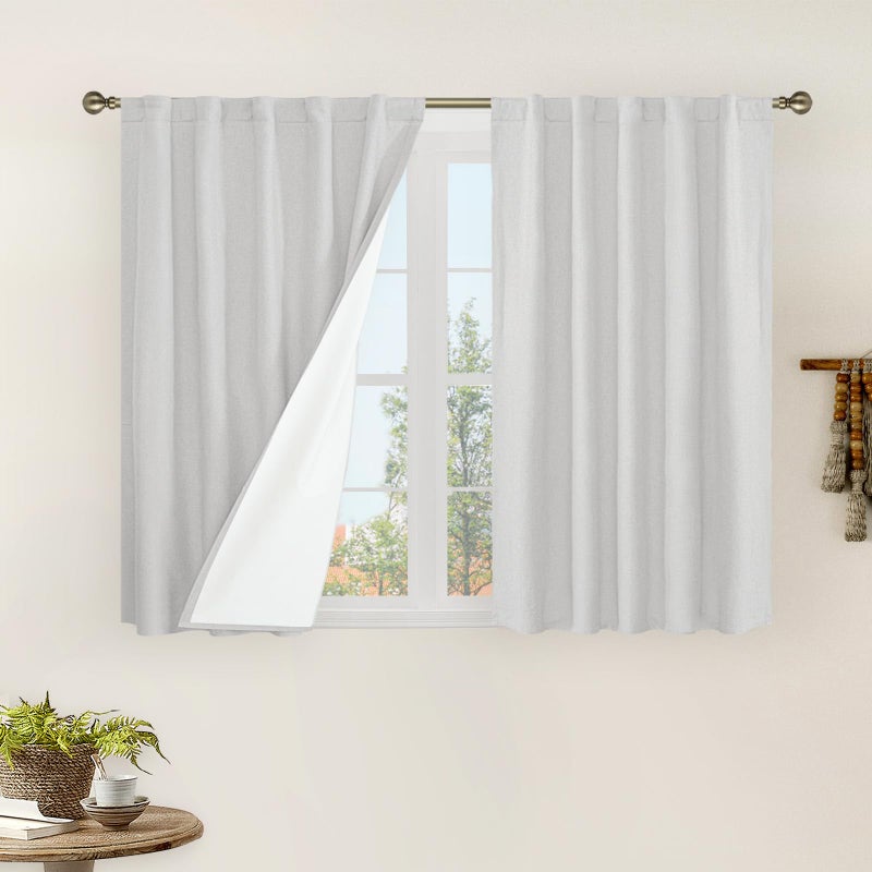 LAMIT 100% Blackout Short Linen Curtains, 40 Inch Length Linen Textured Thermal Curtains Back Tab and Rod Pocket Neutral Panels with White Liner for Kitchen/Windows, 2 Panels, 42 x 40 Inch, Light Grey - Image 1