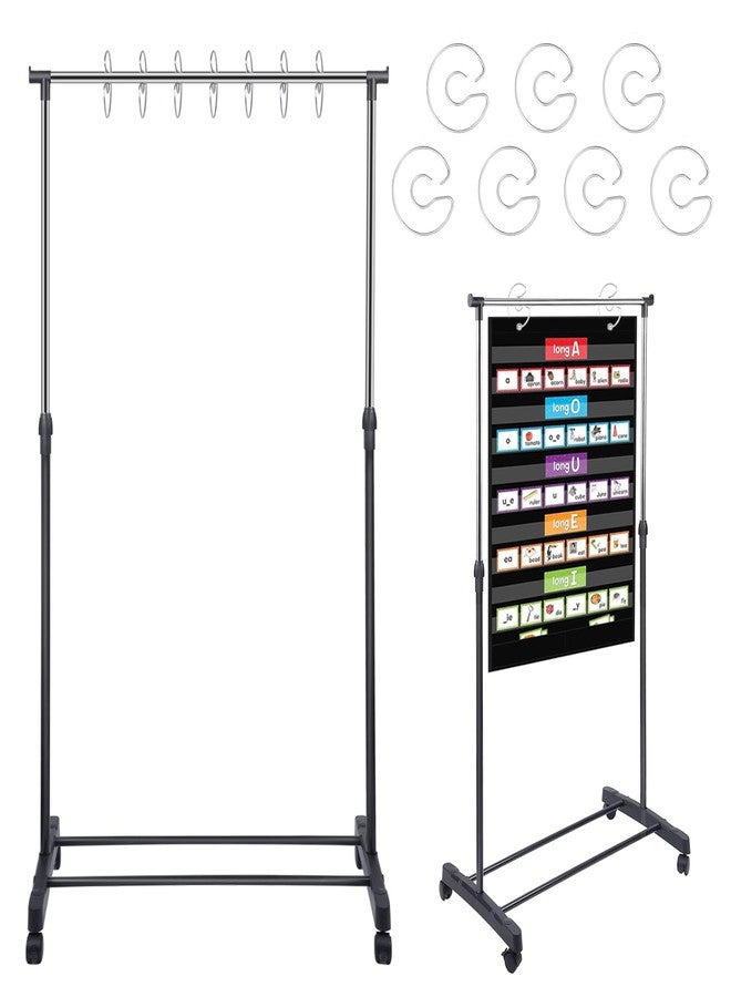 AshKiz Pocket Chart Stand Rolling Adjustable 35.75 to 63 Inch with 7 Rings Stainless Steel for Classroom Educational Tools Black - Image 1