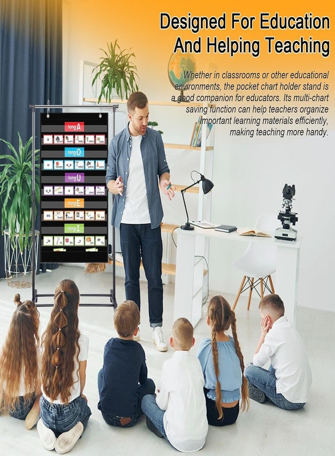 AshKiz Pocket Chart Stand Rolling Adjustable 35.75 to 63 Inch with 7 Rings Stainless Steel for Classroom Educational Tools Black - Image 5