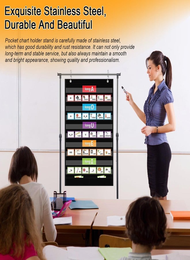 AshKiz Pocket Chart Stand Rolling Adjustable 35.75 to 63 Inch with 7 Rings Stainless Steel for Classroom Educational Tools Black - Image 4