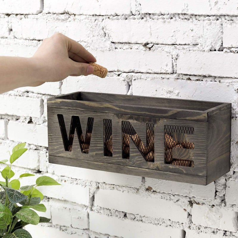 MyGift Wine Cork Holder Wall Mount, Decorative Vintage Wood Open Top Cork Holder Box with Cutout WINE Display, Metal Wire Mesh Backing for Kitchen, Bar (Gray) - Image 2