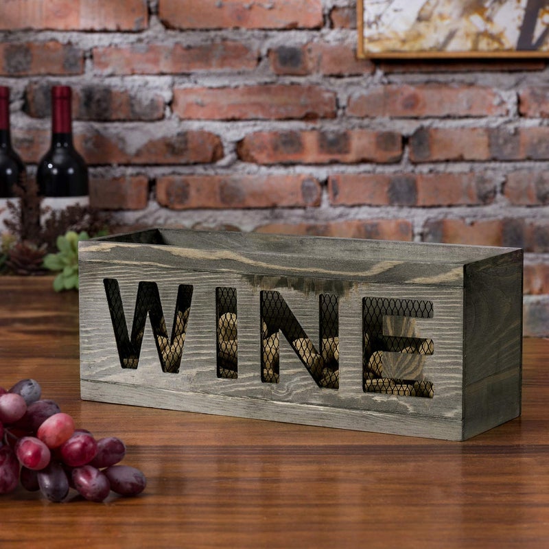 MyGift Wine Cork Holder Wall Mount, Decorative Vintage Wood Open Top Cork Holder Box with Cutout WINE Display, Metal Wire Mesh Backing for Kitchen, Bar (Gray) - Image 3
