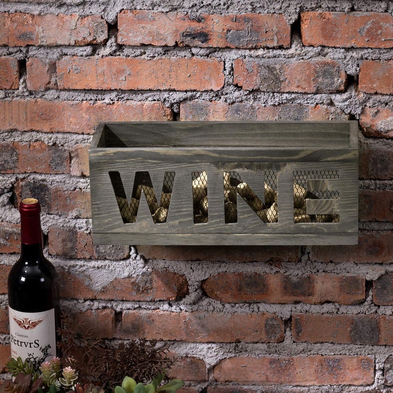 MyGift Wine Cork Holder Wall Mount, Decorative Vintage Wood Open Top Cork Holder Box with Cutout WINE Display, Metal Wire Mesh Backing for Kitchen, Bar (Gray) - Image 4
