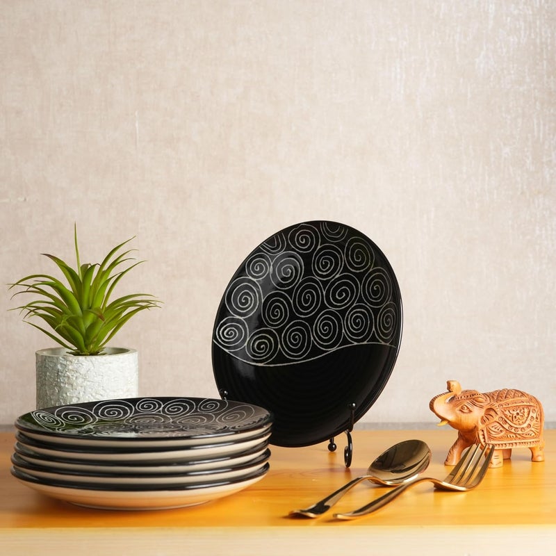 Caffeine Caffeine Ceramic Handmade Stoneware Black Doodle Quarter Plate 8” (Set of 6 Microwave & Dishwasher Safe) - Image 1