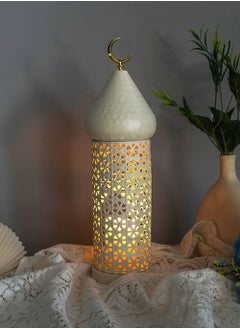 EzzySo 1pc Ramadan Candle Holder Decoration, Metal White Candle Tray Tabletop Home Decor Lantern for Weddings, Diwali, Eid, Iftar Dinner Table Candlelight Decoration, Ornate Candle Lantern  - Image 5