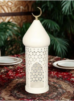 EzzySo 1pc Ramadan Candle Holder Decoration, Metal White Candle Tray Tabletop Home Decor Lantern for Weddings, Diwali, Eid, Iftar Dinner Table Candlelight Decoration, Ornate Candle Lantern  - Image 4
