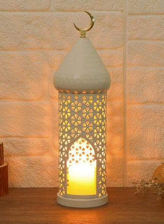 1 Piece Ramadan Candle Holder Decoration Metal White Candle Tray Tabletop Home Decor Lantern for Weddings Diwali Eid Iftar Dinner Table Candlelight Decoration Ornate Candle Lantern