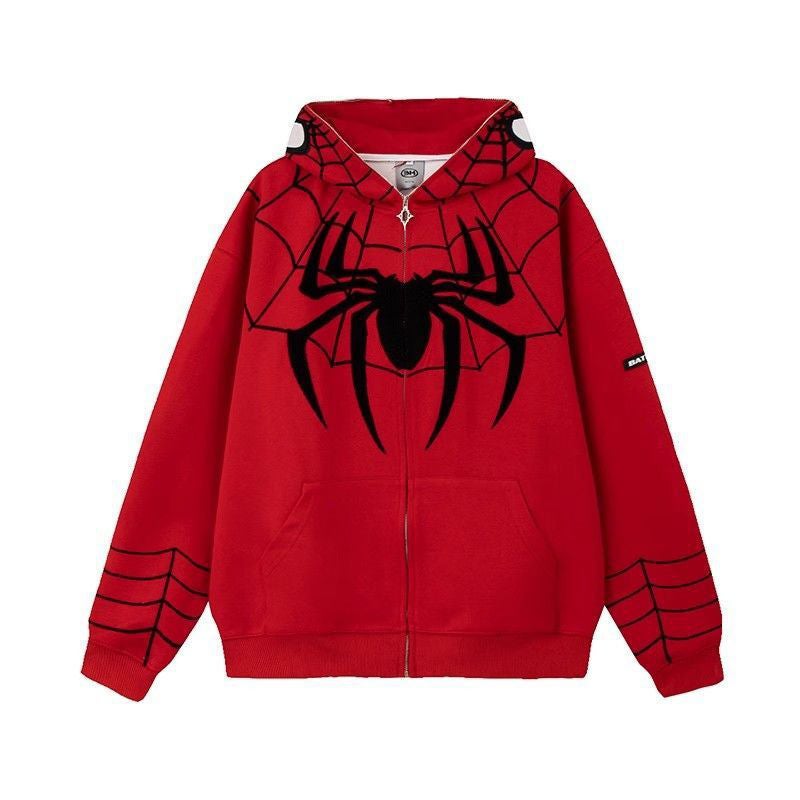 Couples Small Devil Horn Hooded Loose Sweatshirt Coat Autumn and Winter Niche Design Spider Ins Trendy Top Red [regular style] 