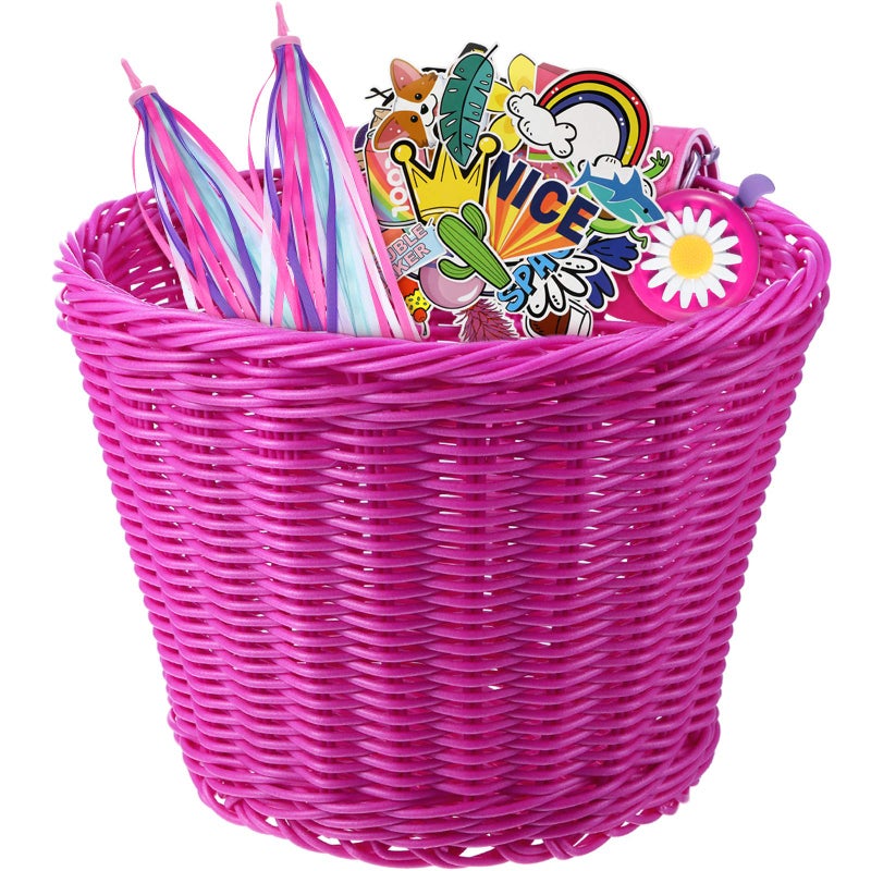 BOAO Boao Kid's Bicycle Basket Streamers Set, Unicorn Children's Bike Handlebar Wicker Basket Bike Streamers Bell and Stickers,Bike Basket Front Decoration for Girls (Rose RED)  - Image 1