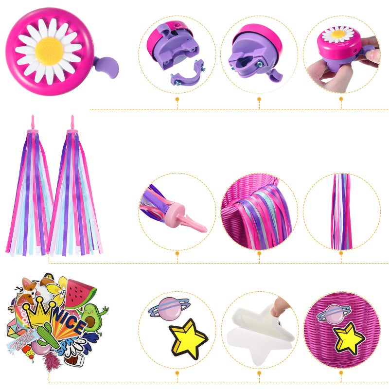 BOAO Boao Kid's Bicycle Basket Streamers Set, Unicorn Children's Bike Handlebar Wicker Basket Bike Streamers Bell and Stickers,Bike Basket Front Decoration for Girls (Rose RED)  - Image 5
