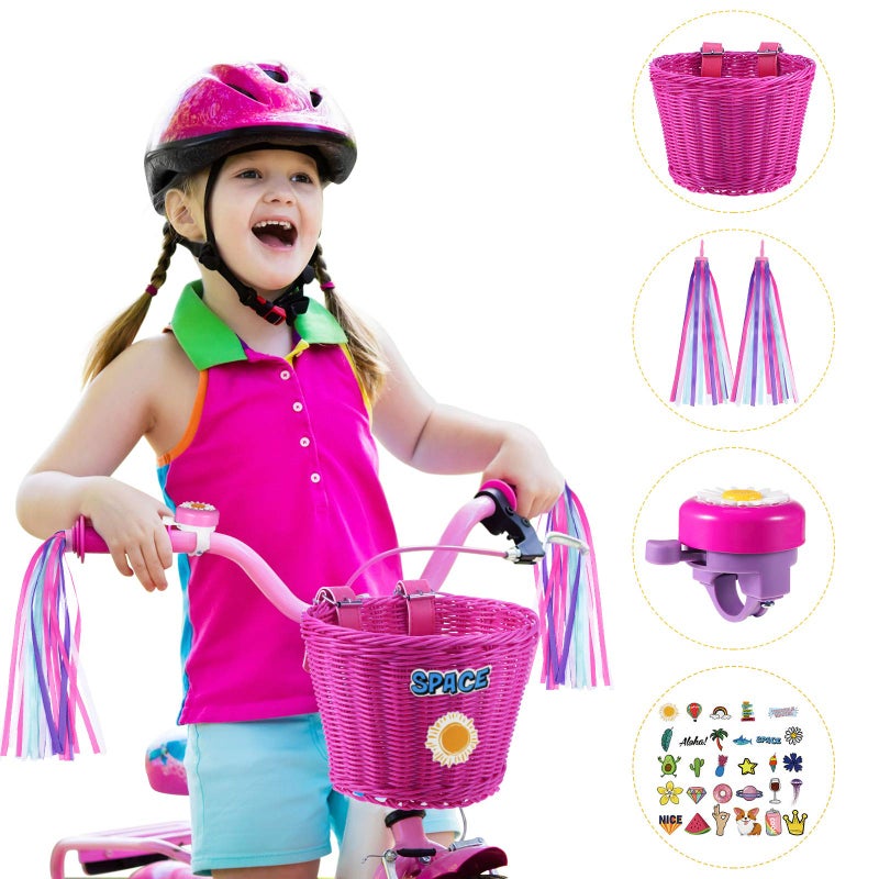 BOAO Boao Kid's Bicycle Basket Streamers Set, Unicorn Children's Bike Handlebar Wicker Basket Bike Streamers Bell and Stickers,Bike Basket Front Decoration for Girls (Rose RED)  - Image 2