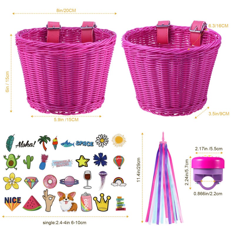 BOAO Boao Kid's Bicycle Basket Streamers Set, Unicorn Children's Bike Handlebar Wicker Basket Bike Streamers Bell and Stickers,Bike Basket Front Decoration for Girls (Rose RED)  - Image 3