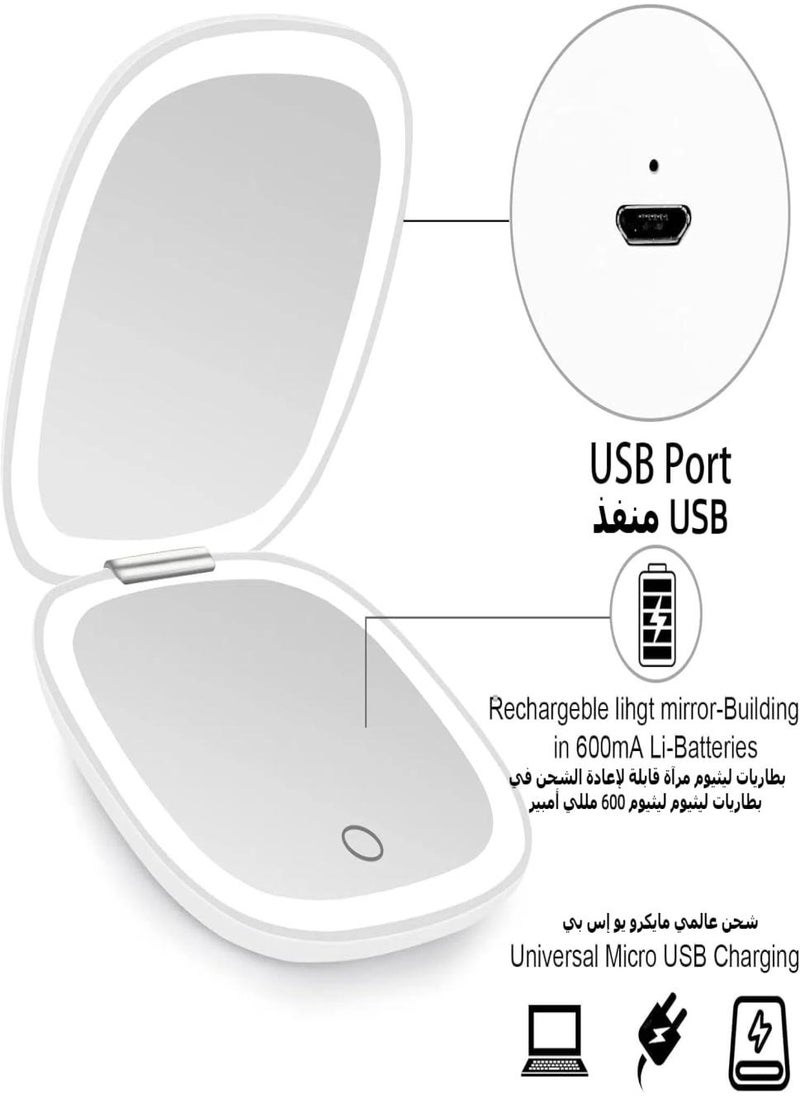 Compact Mirror, Lighted Travel Makeup Mirror with 1X/10X Magnifying Double Sided Dimmable Portable Pocket for Handbag and Pocket, USB Charging