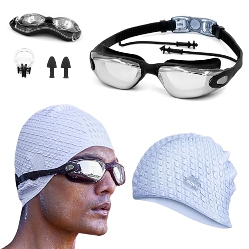 Slovic Swimming Kit Swimming Goggles & Swimming Cap with Ear Plug, Nose Clip | Stylish Pool Cap for Long Hair | UV Protection | Anti Fog | Free Size Swim Cap | Blue - Image 1