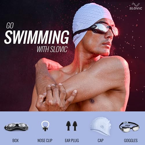 Slovic Swimming Kit Swimming Goggles & Swimming Cap with Ear Plug, Nose Clip | Stylish Pool Cap for Long Hair | UV Protection | Anti Fog | Free Size Swim Cap | Blue - Image 4