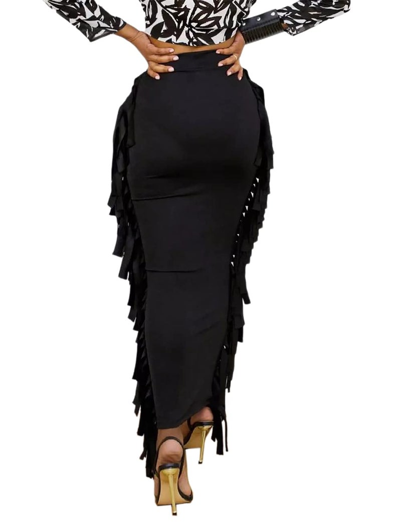 Lrady Women Fringe High Waist Bodycon Side Tassels Pencil Maxi Skirt Casual Party Club Long Skirts Black S - Image 3