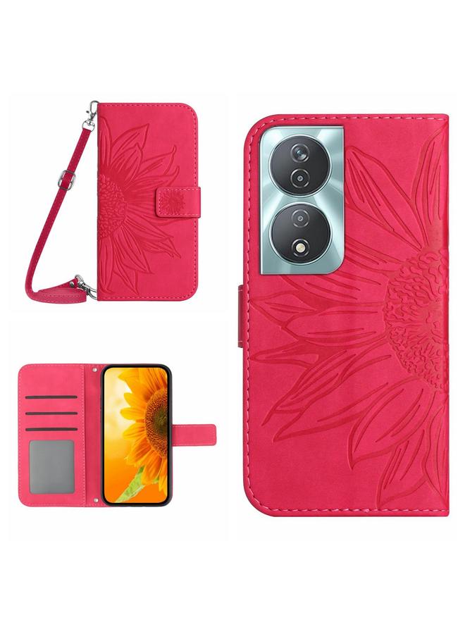 Green Tiger For Honor 90 Smart Skin Feel Sun Flower Pattern Leather Phone Case with Lanyard(Rose Red)
