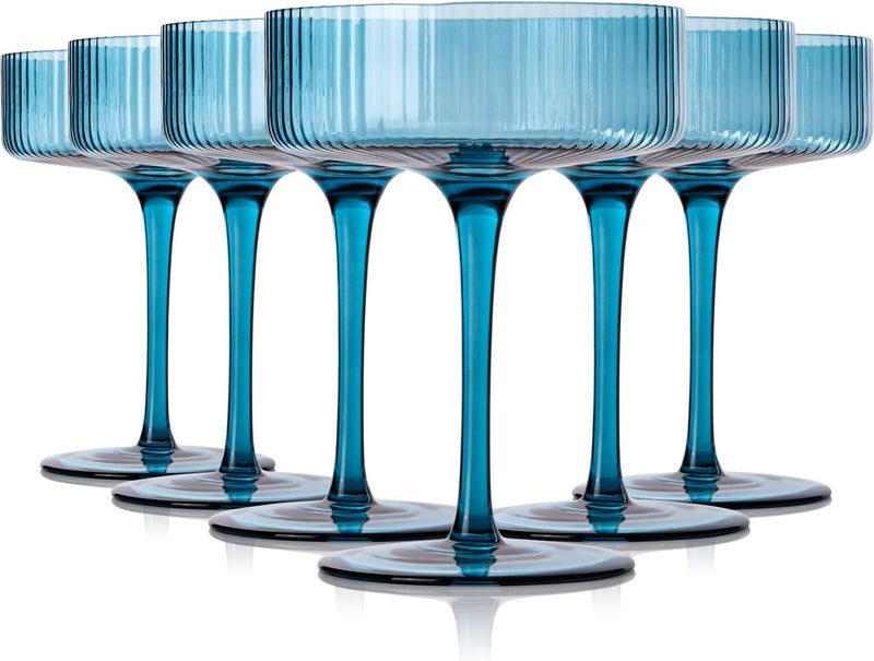 Cyrelwing Blue 9 oz Vintage Art Deco Coupe Glasses Set of 6 Ribbed martini Glasses |Vintage Cocktail Glasses Set,Unique Colored Coupe Glass, Classic Cocktail Glassware - Image 1
