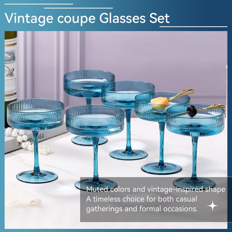 Cyrelwing Blue 9 oz Vintage Art Deco Coupe Glasses Set of 6 Ribbed martini Glasses |Vintage Cocktail Glasses Set,Unique Colored Coupe Glass, Classic Cocktail Glassware - Image 2
