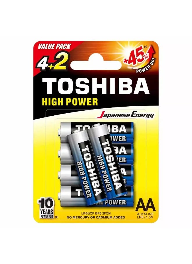 Toshiba Toshiba High Power Alkaline AA - 4+2 Battery Pack, +45% Power Up Energy 