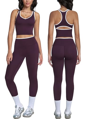 ABOCIW Workout Sets for Women Color Block Gym Set V Neck Racerback Tank Top Built in Bra High Waist Tummy Control Leggings Yoga Pilates Outfits Athletic Work Out Clothes Plum Purple Medium - Image 1