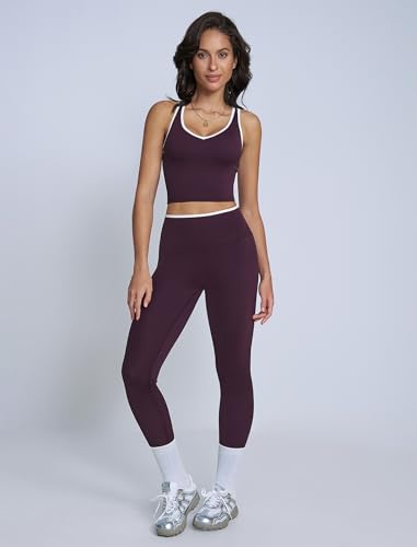 ABOCIW Workout Sets for Women Color Block Gym Set V Neck Racerback Tank Top Built in Bra High Waist Tummy Control Leggings Yoga Pilates Outfits Athletic Work Out Clothes Plum Purple Medium - Image 3