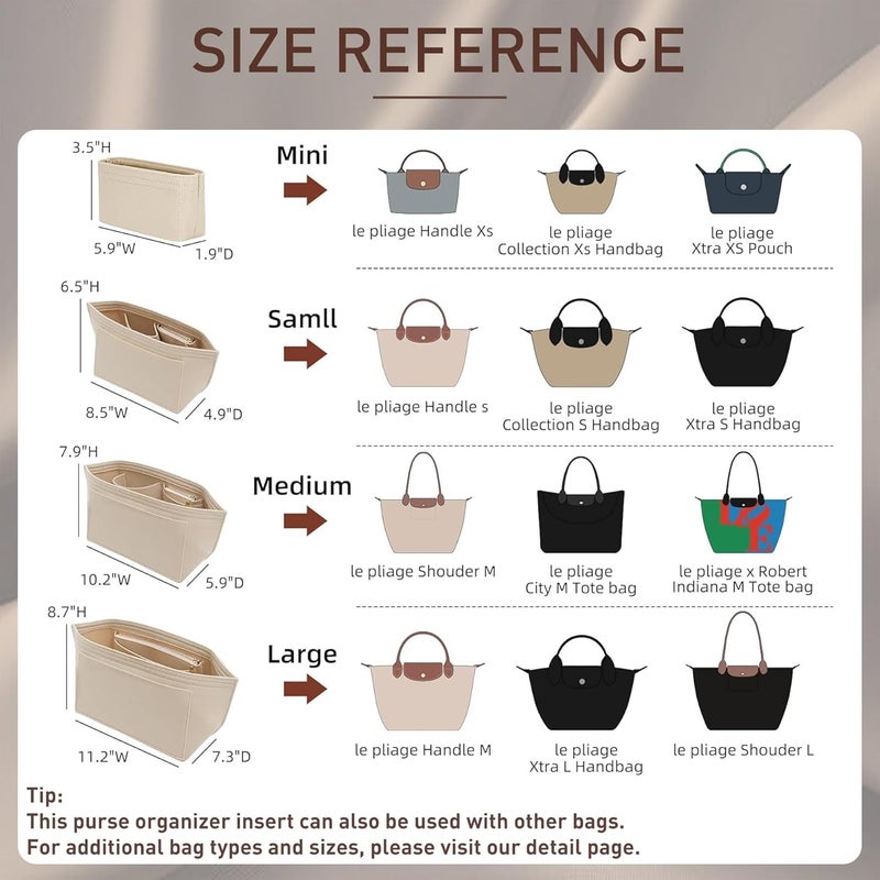 Doxo Longchamp Medium Organizer Insert, Felt Bag Organizer with Multiple Pockets,Suitable for Le pliage M Tote Bag and More(Beige,M) - Image 2