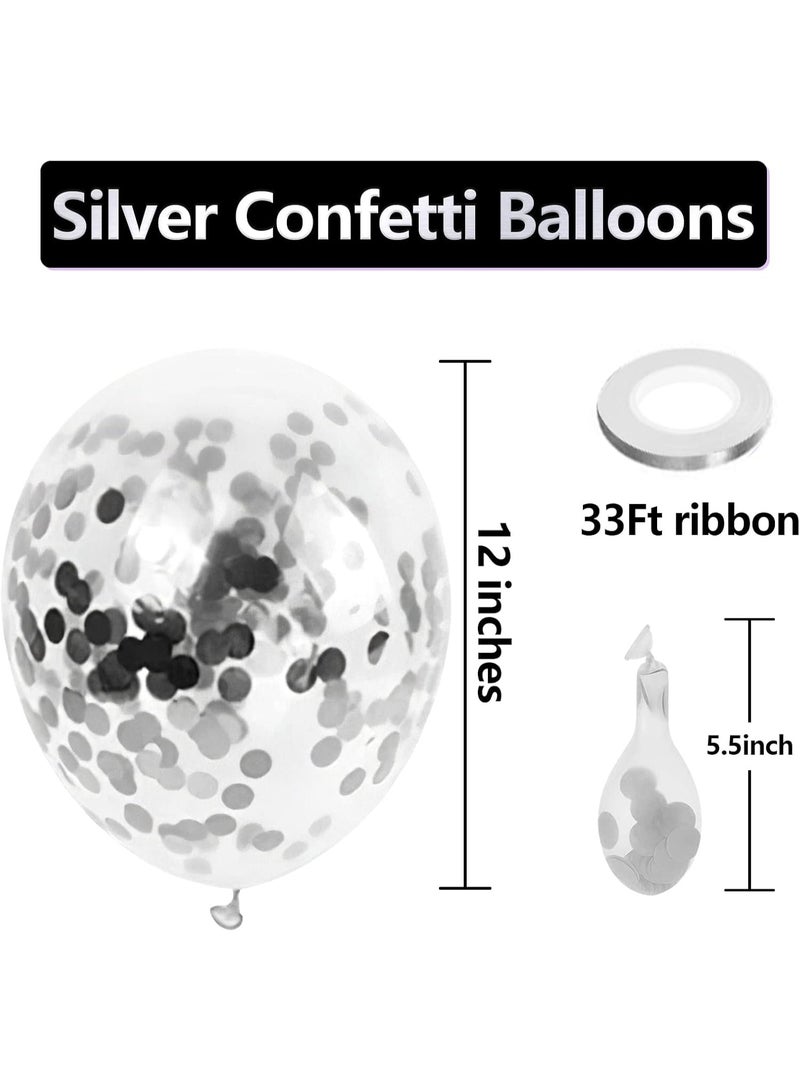 بالونات لاتكس بالكونفيتي الفضي للحفلات - عبوة ٦٠ قطعة، ١٢ بوصة، بالونات لامعة بالكونفيتي الفضي مناسبة لحفلات الزفاف، التخرج، استحمام الطفل، واحتفالات أعياد الميلاد - Image 3