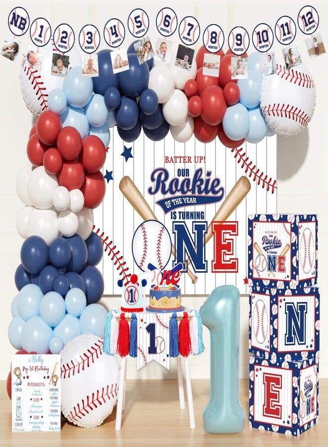 Fiesec Rookie of the Year First Birthday Decorations - 100 PCs Baby Boy Baseball Themed Party Supplies with Our Rookie Year Backdrop, Balloon Garland, Number 1 Foil Balloon - Image 1