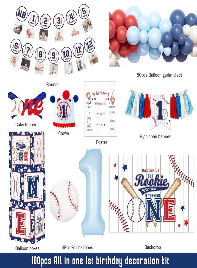 Fiesec Rookie of the Year First Birthday Decorations - 100 PCs Baby Boy Baseball Themed Party Supplies with Our Rookie Year Backdrop, Balloon Garland, Number 1 Foil Balloon - Image 2