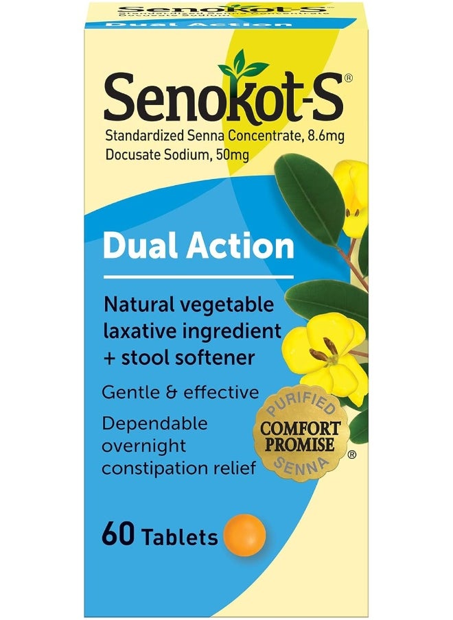 Senokot Dual Action Natural Vegetable Laxative Ingredient Plus Stool Softener Tablets Docusate Sodium Senna Concentrate Gentle Overnight Relief From Occasional Constipation 60 Ct  - Image 1