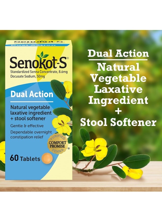 Senokot Dual Action Natural Vegetable Laxative Ingredient Plus Stool Softener Tablets Docusate Sodium Senna Concentrate Gentle Overnight Relief From Occasional Constipation 60 Ct  - Image 4