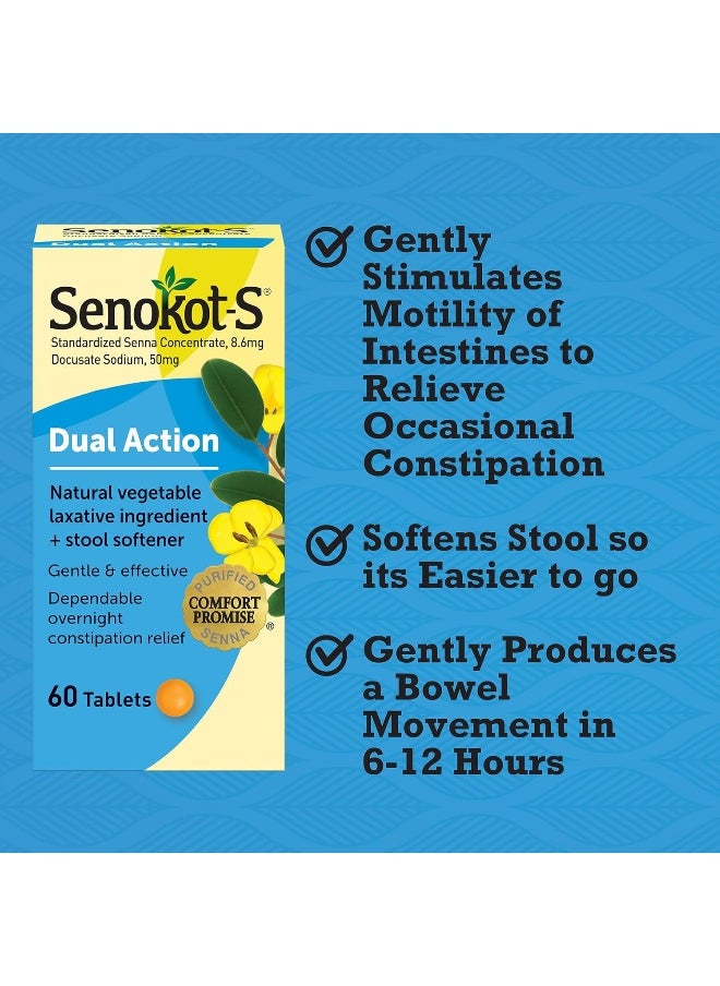 Senokot Dual Action Natural Vegetable Laxative Ingredient Plus Stool Softener Tablets Docusate Sodium Senna Concentrate Gentle Overnight Relief From Occasional Constipation 60 Ct  - Image 3
