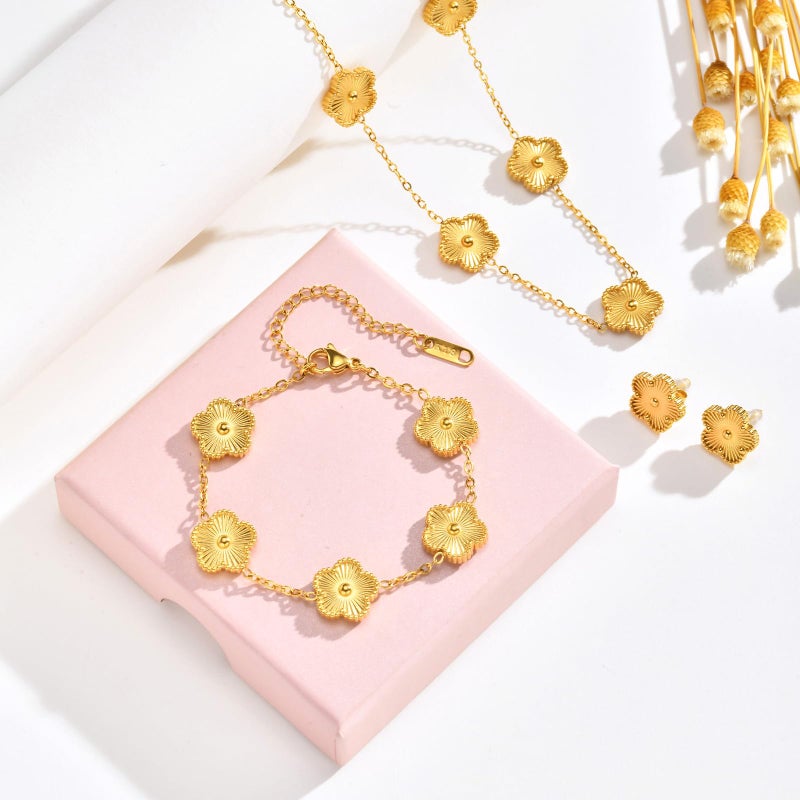 MPRAINBOW Gold Necklaces Bracelets Earring Set - 18K Gold Plated Flower Bracelet Chain,Stainless Steel Non Tarnish Floral Pendant Stud Jewelry Sets,Christmas Birthday Lucky Gift for Mom Wife Daughter Girlfriend - Image 2