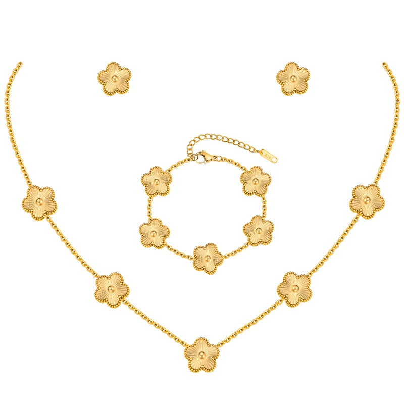 MPRAINBOW Gold Necklaces Bracelets Earring Set - 18K Gold Plated Flower Bracelet Chain,Stainless Steel Non Tarnish Floral Pendant Stud Jewelry Sets,Christmas Birthday Lucky Gift for Mom Wife Daughter Girlfriend - Image 1