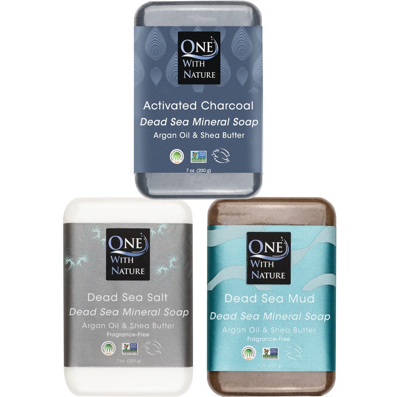 One With Nature Dead Sea Soap 7oz Variety 3Pk-Dead Sea Mud, Activated Charcoal, and Dead Sea Salt-Detoxifying and Exfoliating Soap Bars with Dead Sea Salt for Face & Body, for Men & Women - Image 1
