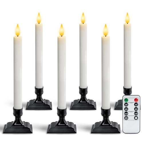 Homemory Real Wax Window Candles with Remote Timer Dimmer Flameless Taper Candles with Holders Christmas Candle for Window Battery Operated LED Candlesticks for Home Holiday Decor 6 Pcs White - Image 1