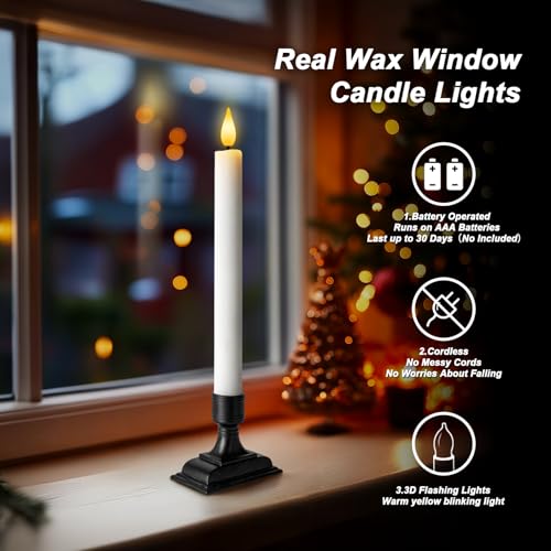 Homemory Real Wax Window Candles with Remote Timer Dimmer Flameless Taper Candles with Holders Christmas Candle for Window Battery Operated LED Candlesticks for Home Holiday Decor 6 Pcs White - Image 3