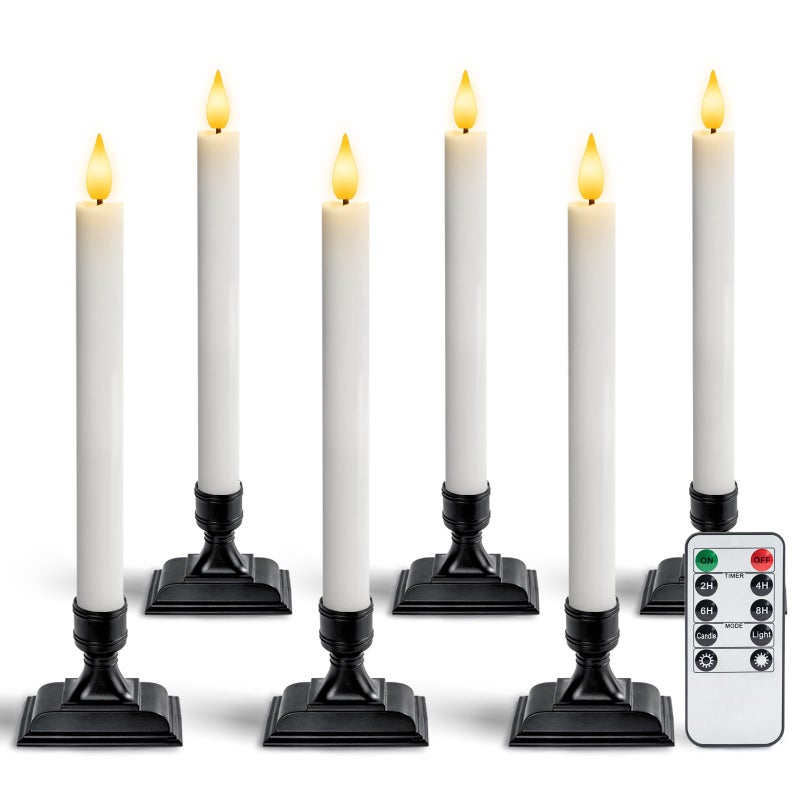 Homemory Real Wax Window Candles with Remote Timer Dimmer Flameless Taper Candles with Holders Christmas Candle for Window Battery Operated LED Candlesticks for Home Holiday Decor 6 Pcs White - Image 2