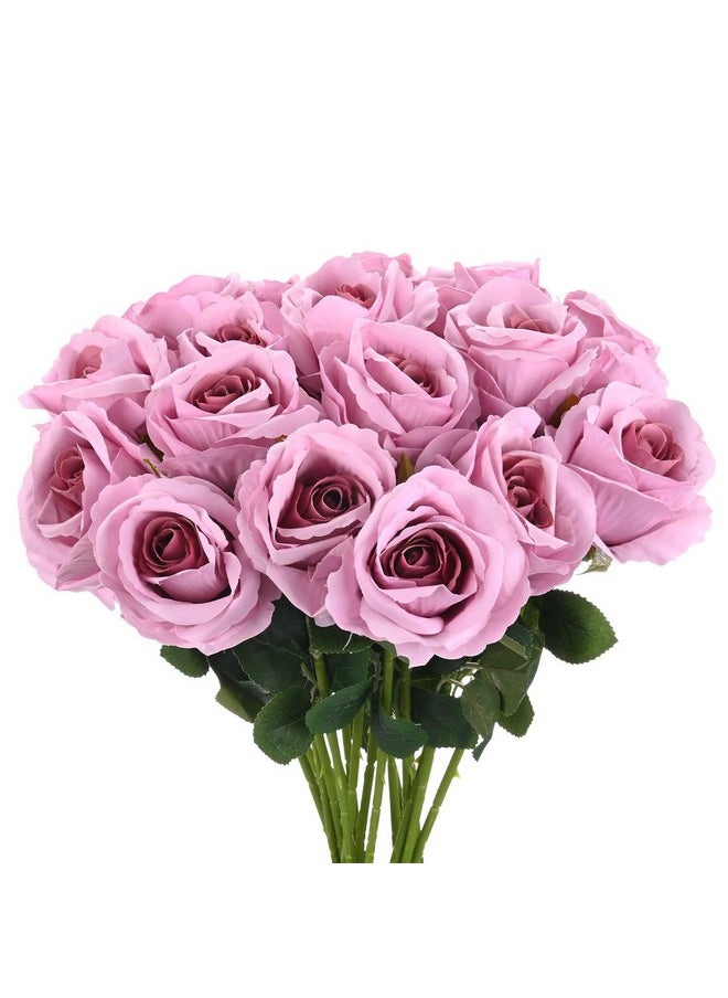 M METERXITY M METERXITY 20-Pack Rose Artificial Flowers with Long Stem, Silk Faux Roses Plastic Bouquets Real Touch Faux Flowers for Home Decor/Wedding/Christmas/DIY/Party/Garden Office [Purple]  - Image 1