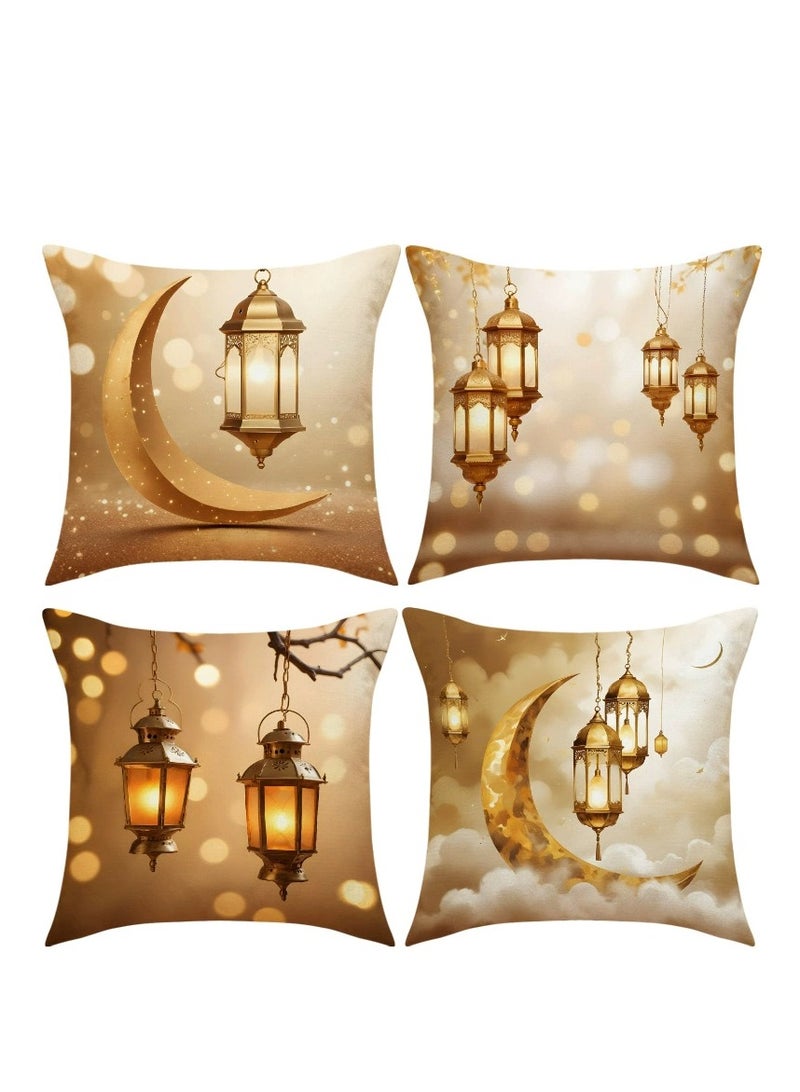 New moon oil lamp print pillowcase holiday decoration home cushion linen breathable sofa pillow four-piece set 45*45CM - Image 1