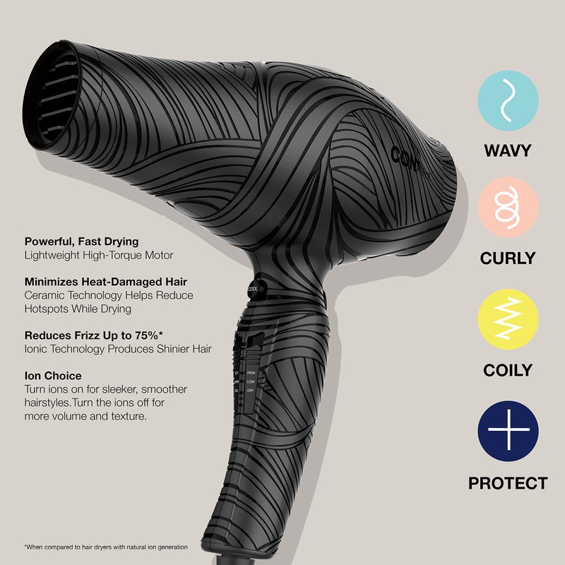Conair The Curl Collective 1875 Watt Ionic Ceramic Hair Dryer, Black, 18" - Image 2