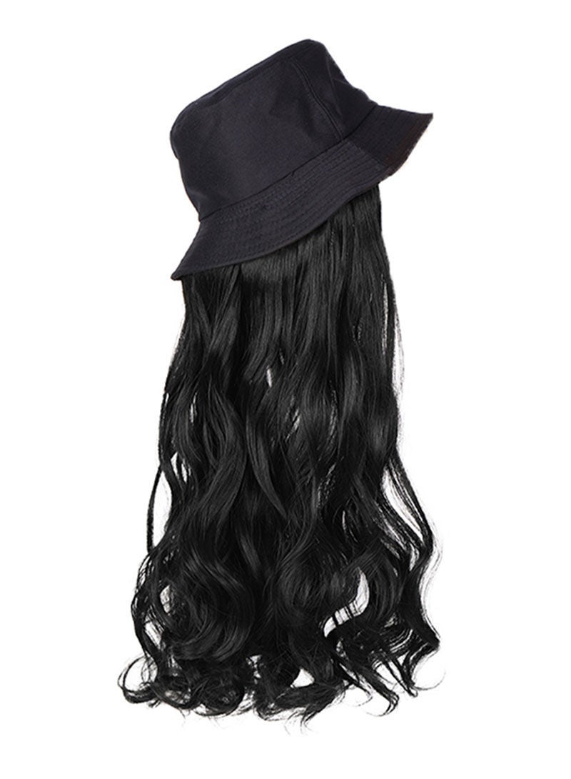 Sharpdo Black Bucket Hat High Temperature Silk Long Straight Hair Synthetic Wig - Image 2