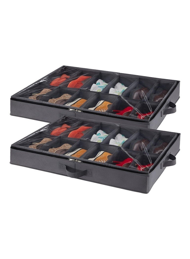 Bukela Under Bed Shoe Storage Organizer Set of 2, 4.3 Inches Tall Low Profile Fabric Shoes Container Box with Clear Cover, Foldable Storage Bag with 2 Handles, Total Fits 24 Pairs of Shoes, Grey - Image 1