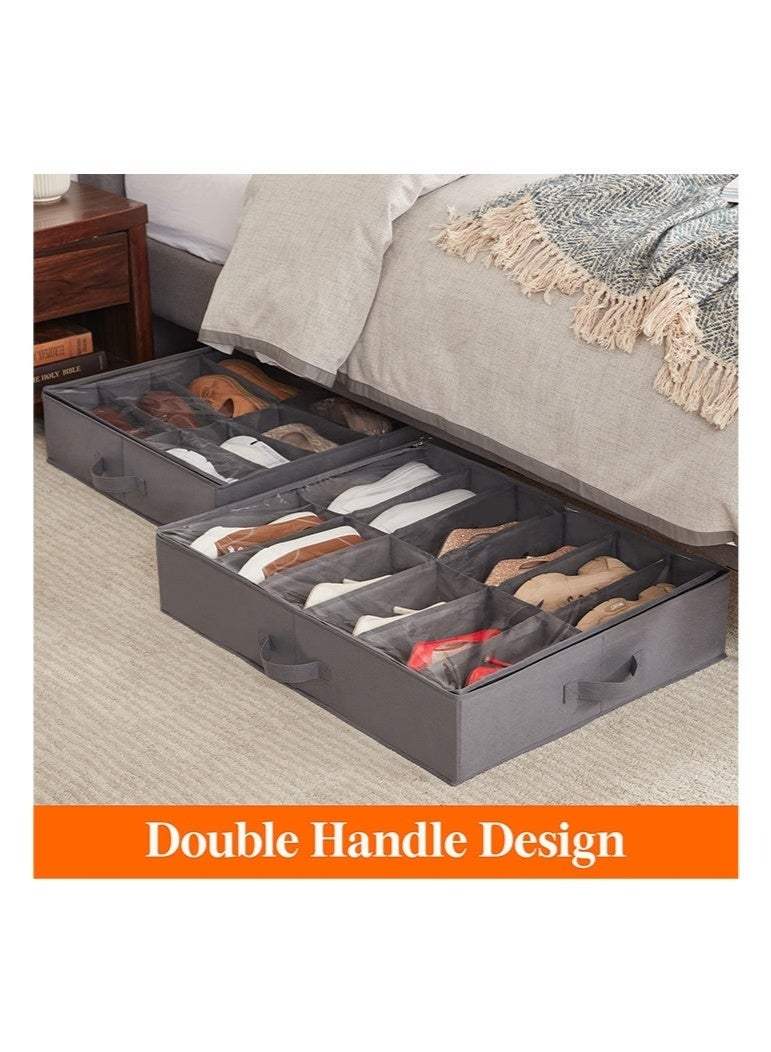 Bukela Under Bed Shoe Storage Organizer Set of 2, 4.3 Inches Tall Low Profile Fabric Shoes Container Box with Clear Cover, Foldable Storage Bag with 2 Handles, Total Fits 24 Pairs of Shoes, Grey - Image 3