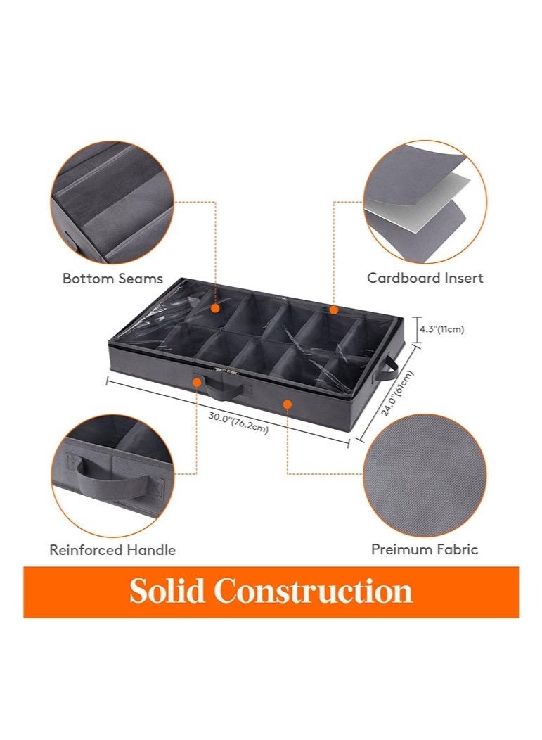 Bukela Under Bed Shoe Storage Organizer Set of 2, 4.3 Inches Tall Low Profile Fabric Shoes Container Box with Clear Cover, Foldable Storage Bag with 2 Handles, Total Fits 24 Pairs of Shoes, Grey - Image 2