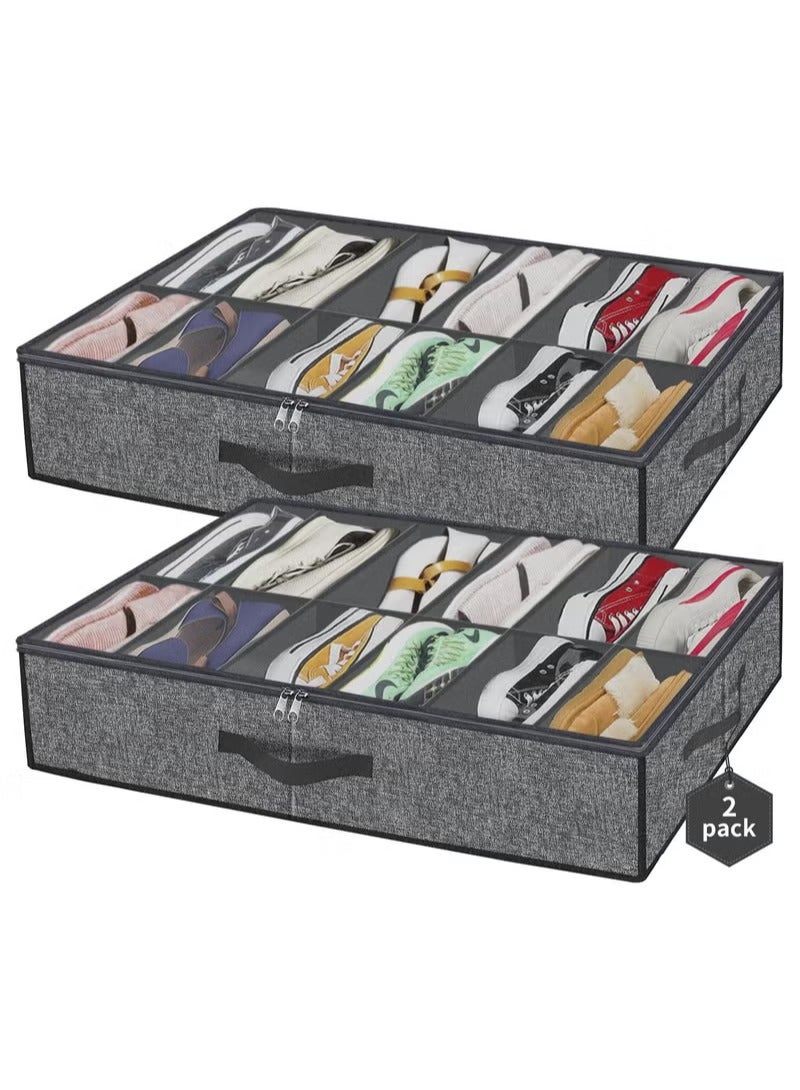 كيلا مجموعة من قطعتين لتنظيم الأحذية أسفل السرير، صندوق أحذية من القماش منخفض الارتفاع بارتفاع 4.3 بوصة مع غطاء شفاف، حقيبة تخزين قابلة للطي بمقبضين، تناسب 24 زوجًا من الأحذية، لون رمادي - Image 1
