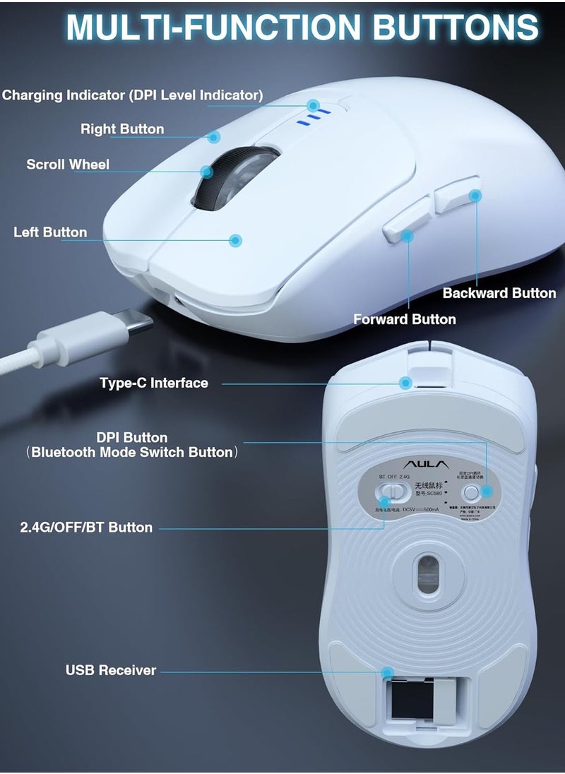 SC580 Tri-Mode Gaming Mouse,2.4G/BT5.0/USB-C Lightweight Gaming Mouse, 12000 DPI Rechargeable Wireless Mouse with 6 Programmable Buttons, Ergonomic Computer Mouse for Laptop/PC/Mac/Tablet,White