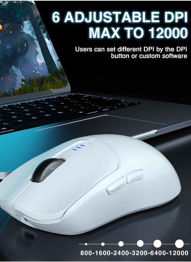 SC580 Tri-Mode Gaming Mouse,2.4G/BT5.0/USB-C Lightweight Gaming Mouse, 12000 DPI Rechargeable Wireless Mouse with 6 Programmable Buttons, Ergonomic Computer Mouse for Laptop/PC/Mac/Tablet,White