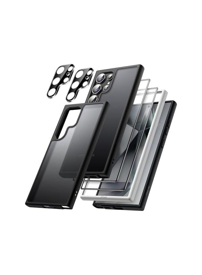 JETech 5 in 1 Matte Case for Samsung Galaxy S24 Ultra 5G with 2-Pack Screen Protector and Camera Lens Protector, Translucent Back Protective Phone Cover, Tempered Glass Film (Black) - Image 1